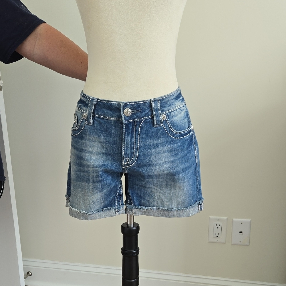 Miss Me Blue Jean Shorts with Distressed Raw Hem